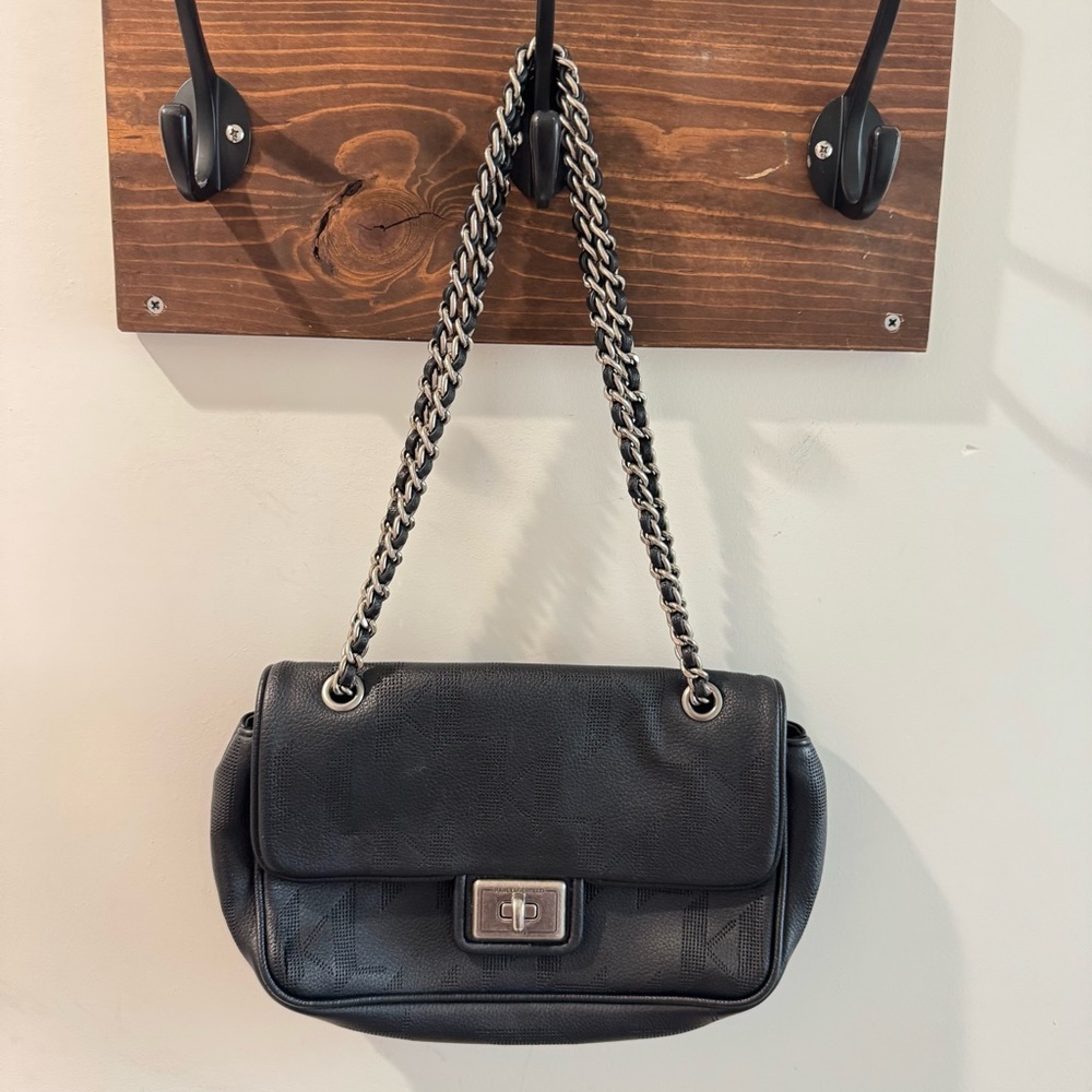 Karl Lagerfeld Paris Black Vegan‎ Leather Agyness Monogram Shoulder Bag
